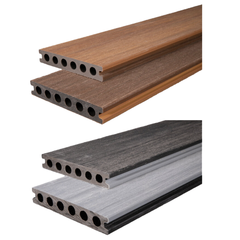 composite decking boards with dual colours, top of board is a light brown and bottom is dark brown and another board is top dark grey bottom light grey.